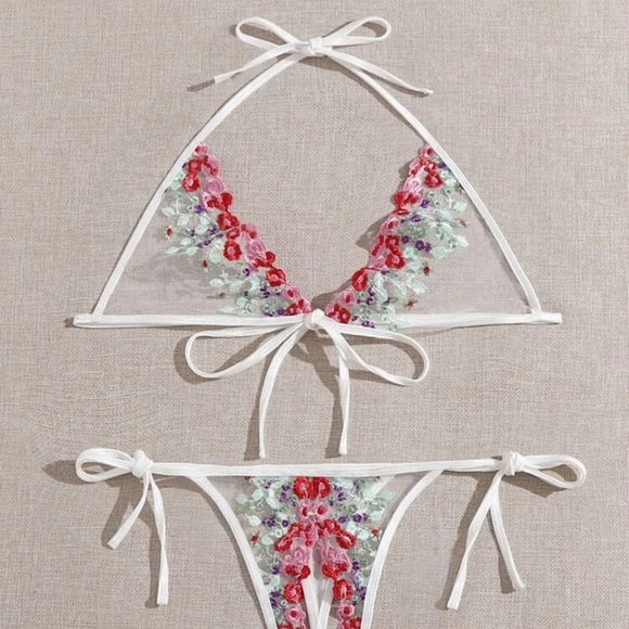 NEW Shein Sexy White See Through Embroidered Mesh Crotchless Lingerie Set 4X(20 - Picture 3 of 6